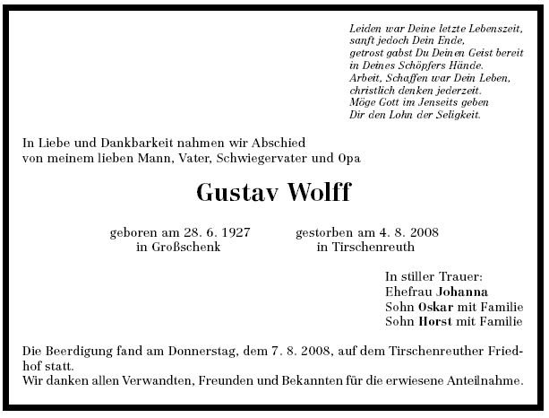 Wolff Gustav 1927-2008 Todesanzeige